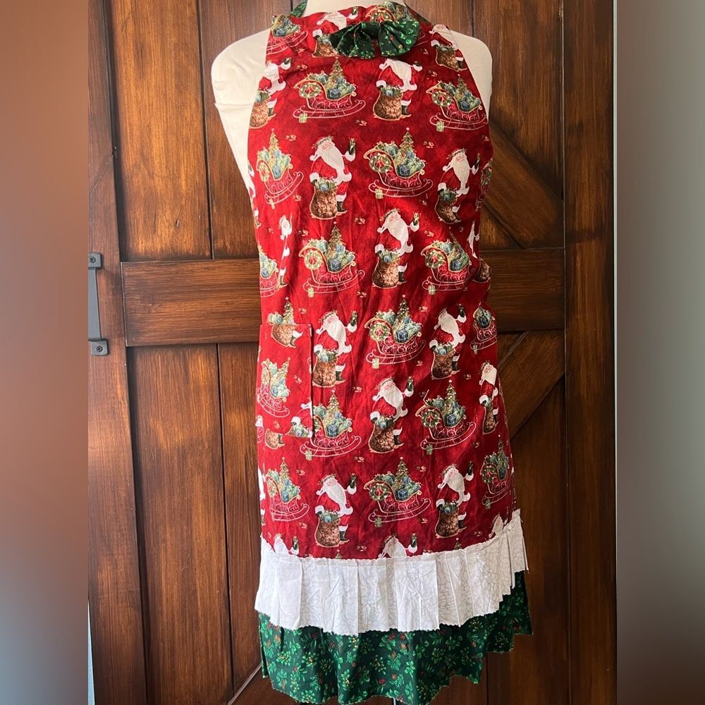 Handmade Festive Red Apron with Christmas Santa Print